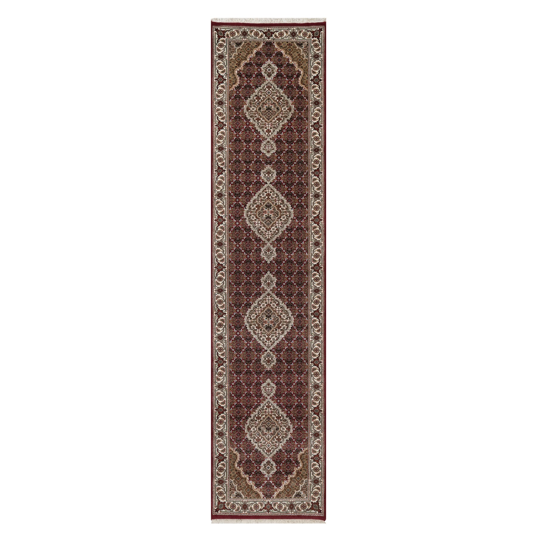 Rhubarb Red, Tabriz Mahi with Fish Medallions Design, Hand Knotted, 100% Wool, 175 KPSI, Runner, Oriental Rug